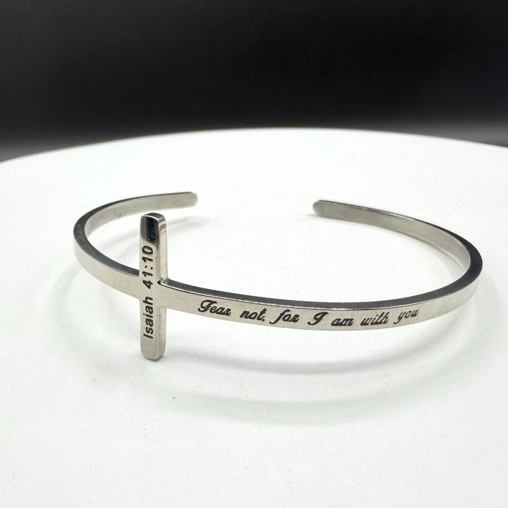 Silver Tone Isaiah 41:10 Cross Cuff Bracelet Christian Faith Inspirational Gift